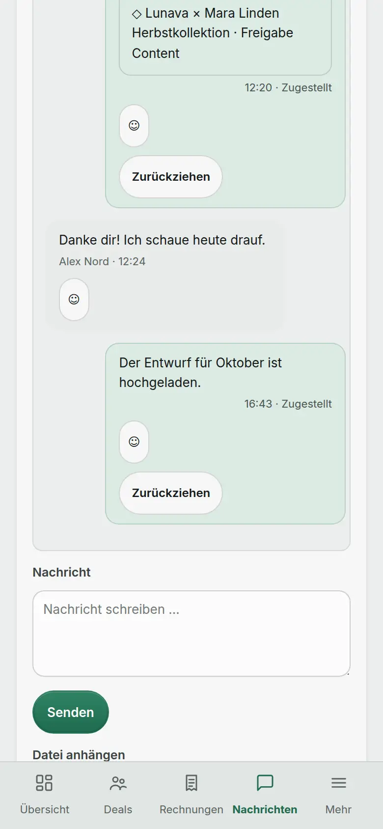 Creator-Portal am Handy: Chat mit der Agentur.