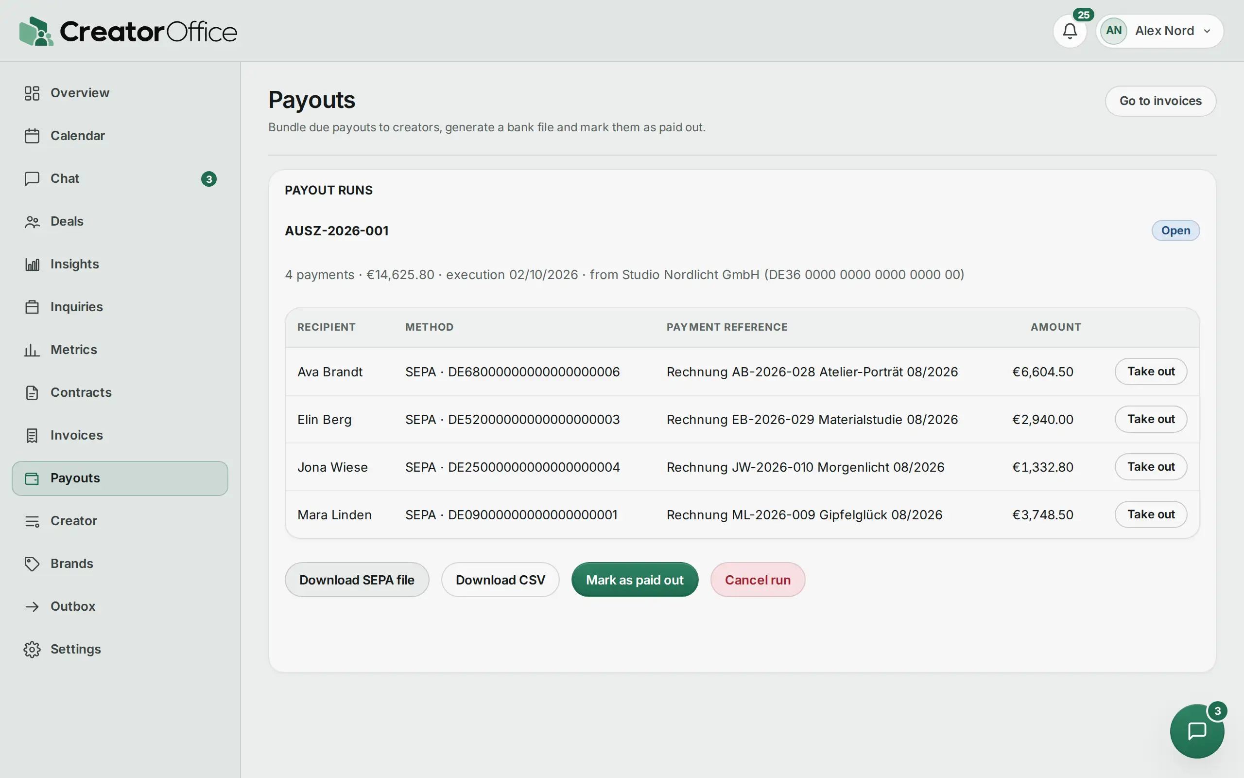 Agency portal: payout run with SEPA file.