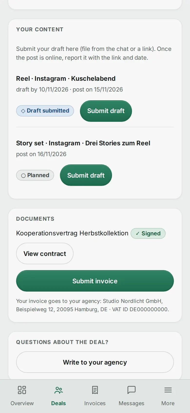 Creator portal on mobile: submit a draft.