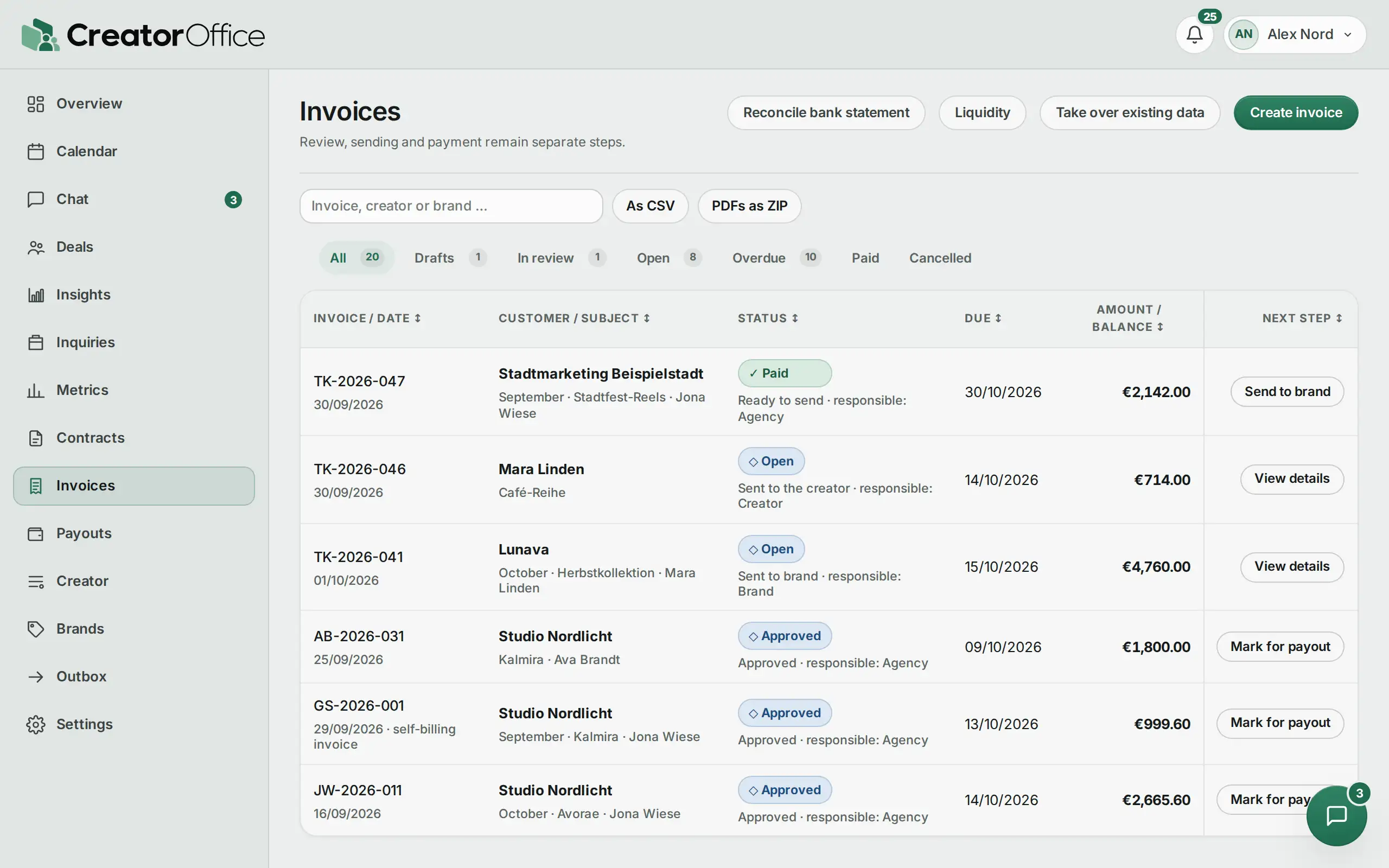 Agency portal: invoice list, one invoice paid.