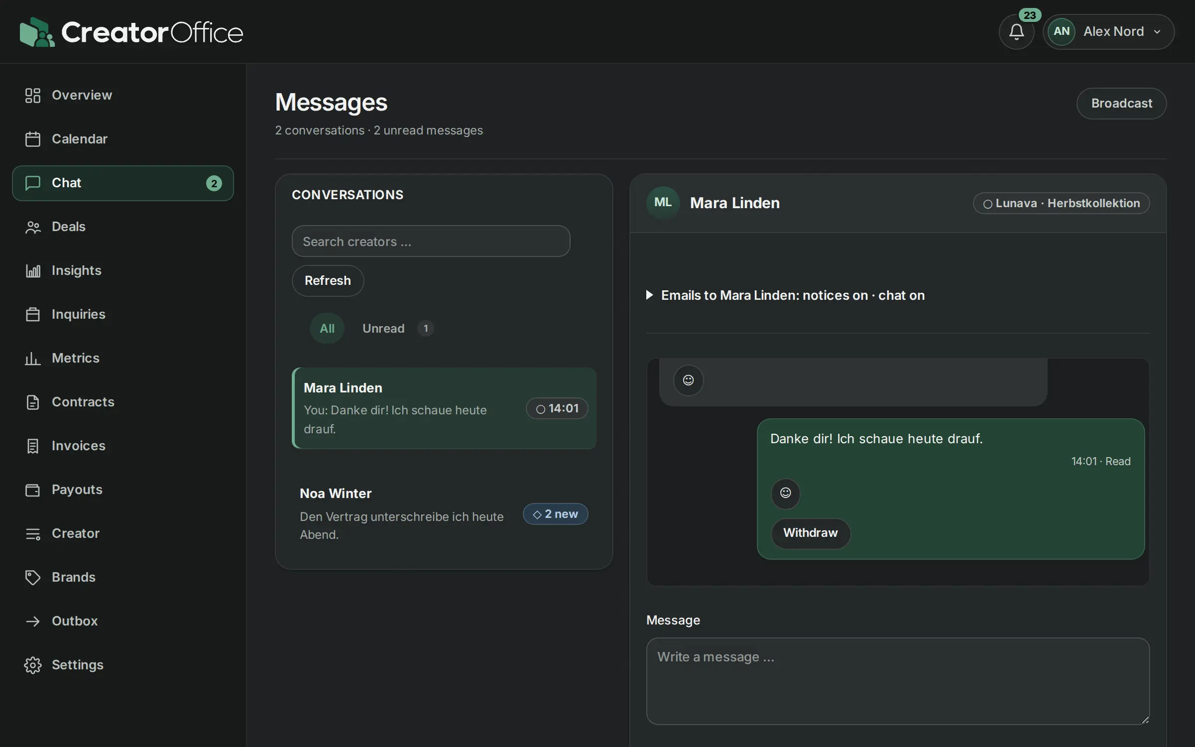 Chat with a creator, linked to deals, contracts and invoices.