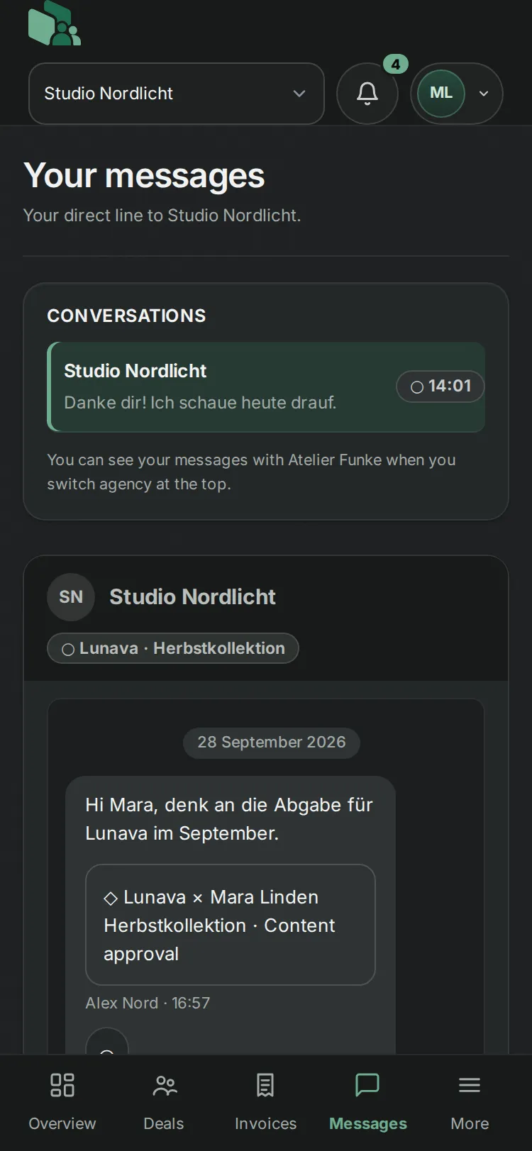 Creator portal on mobile: chat between creator and agency with brief, delivery and approval.