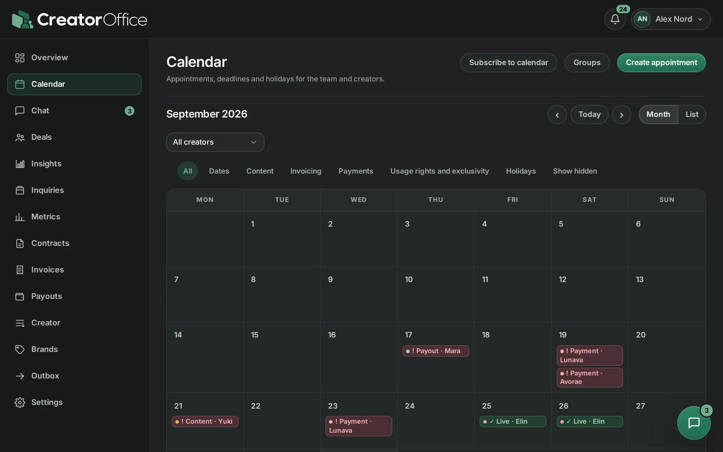 Monthly calendar with creator content deliveries, approvals and invoice deadlines.
