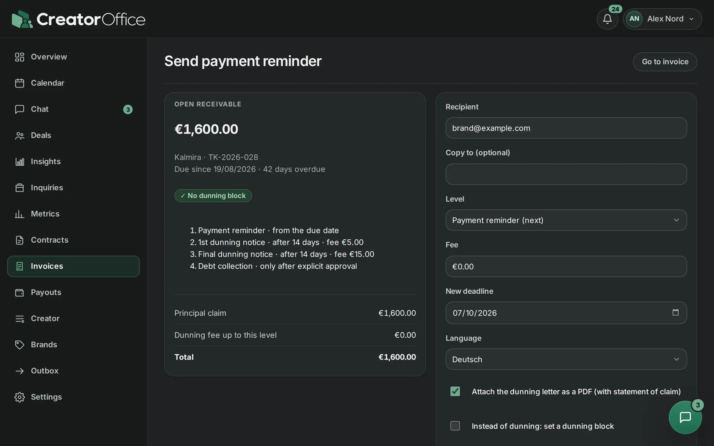 Reminder ladder with reminder levels and a preview of the payment reminder.