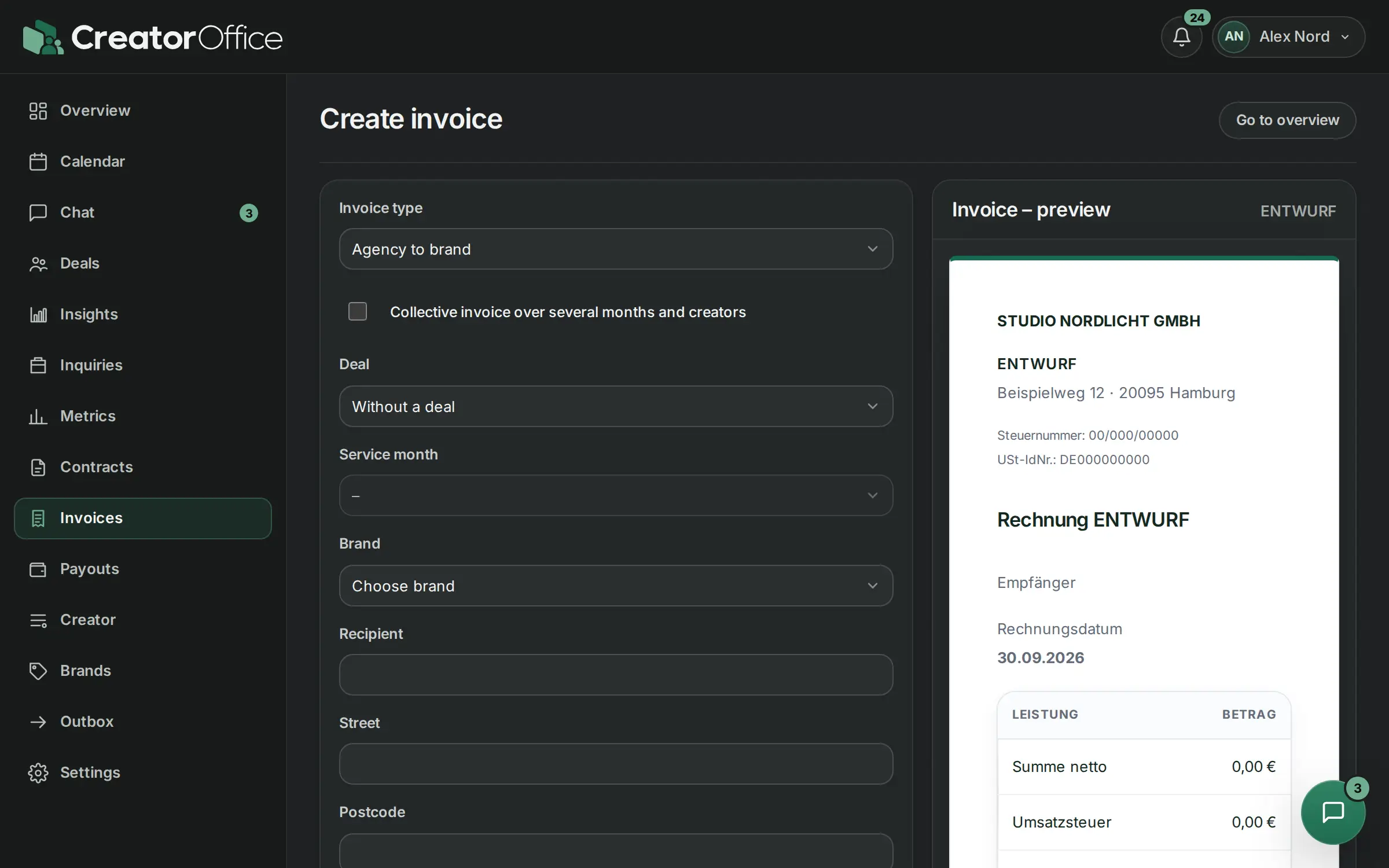 Create invoice with a live preview of the invoice document.