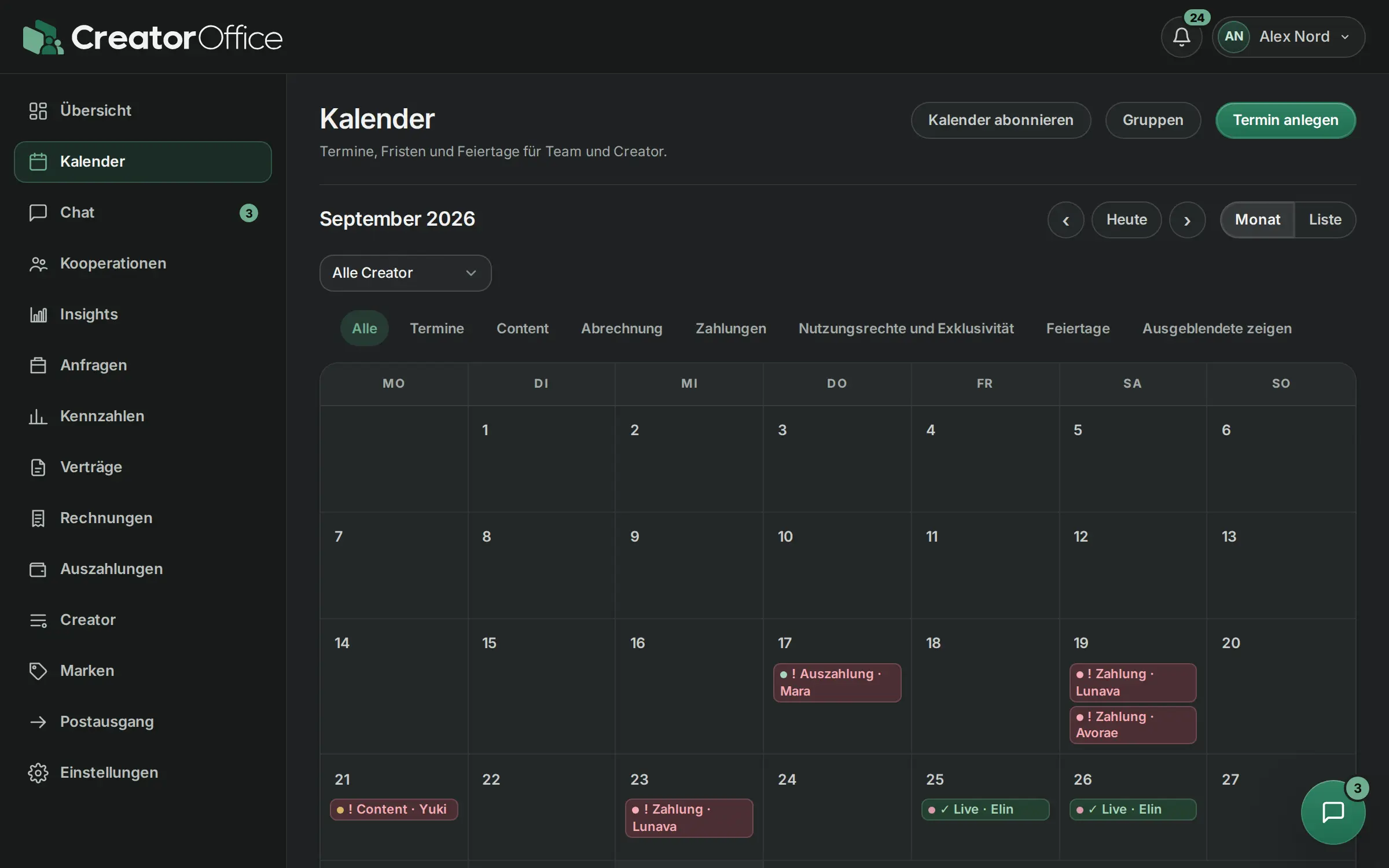 Monatskalender mit Content-Abgaben, Freigaben und Rechnungsfristen der Creator.